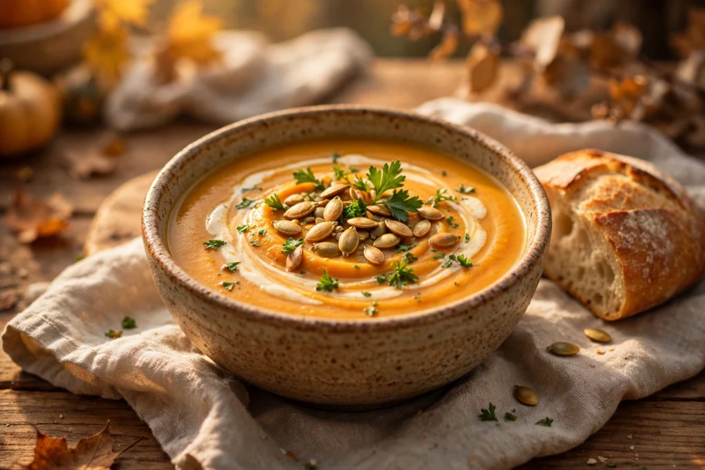 Kürbis Möhren Suppe Rezept – cremige Kürbis-Möhren-Suppe mit Sahnehäubchen, Kürbiskernen und Petersilie in rustikaler Schale