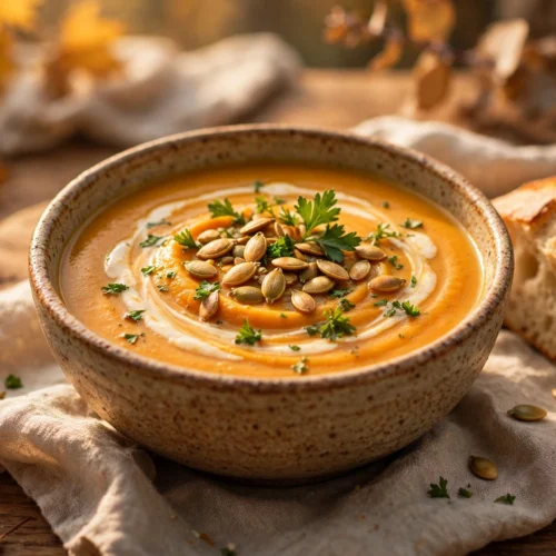 Kürbis Möhren Suppe Rezept – cremige Kürbis-Möhren-Suppe mit Sahnehäubchen, Kürbiskernen und Petersilie in rustikaler Schale