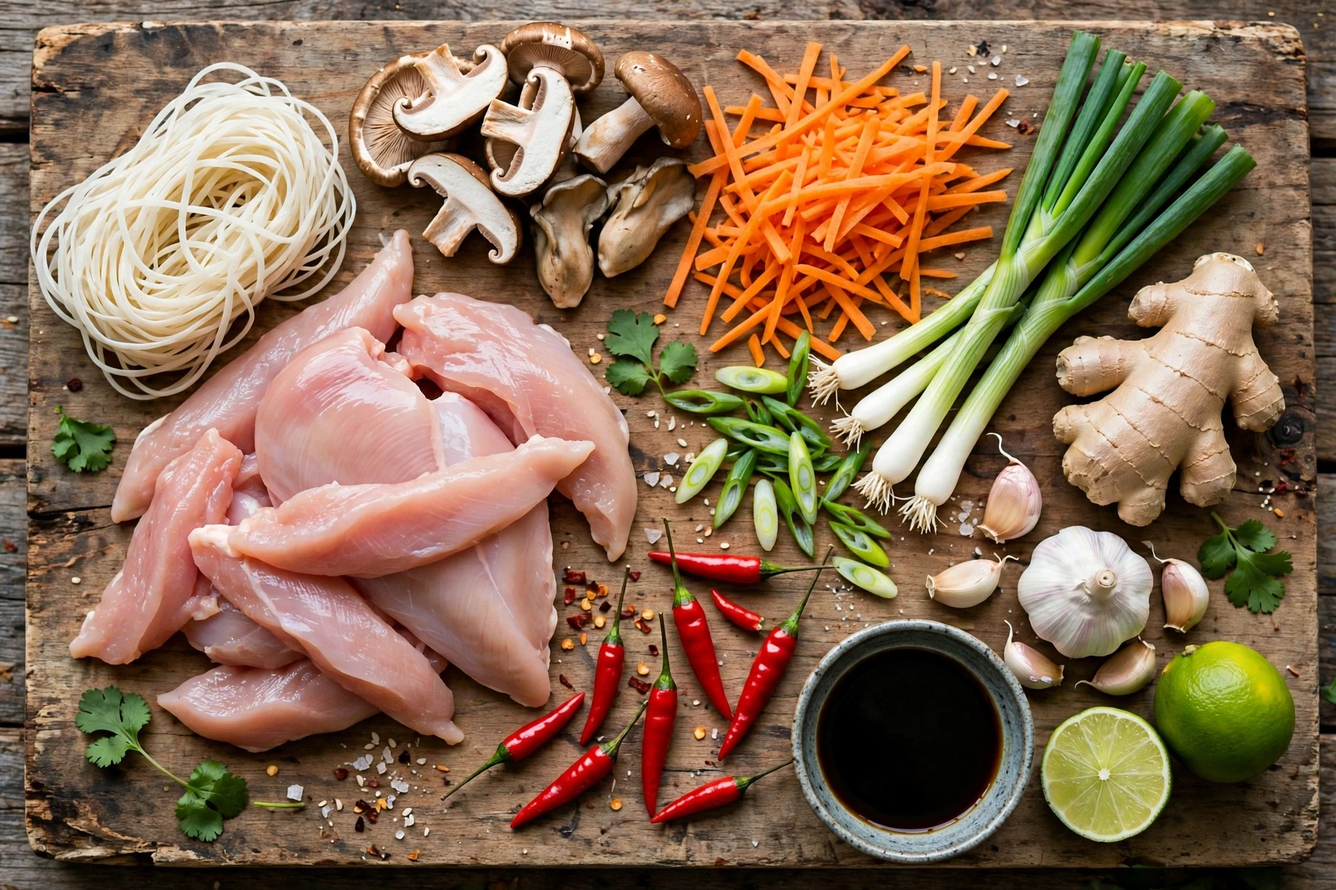 Kung Fu Suppe Rezept – Zutaten im Überblick: Hähnchenstreifen, Reisnudeln, Champignons, Karotten, Frühlingszwiebeln, Ingwer, Chili und Limette