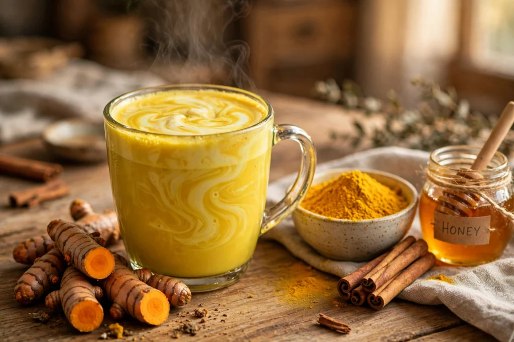 Kurkuma trinken Rezept – goldene Milch mit Kurkumawurzeln und Gewürzen auf Holztisch