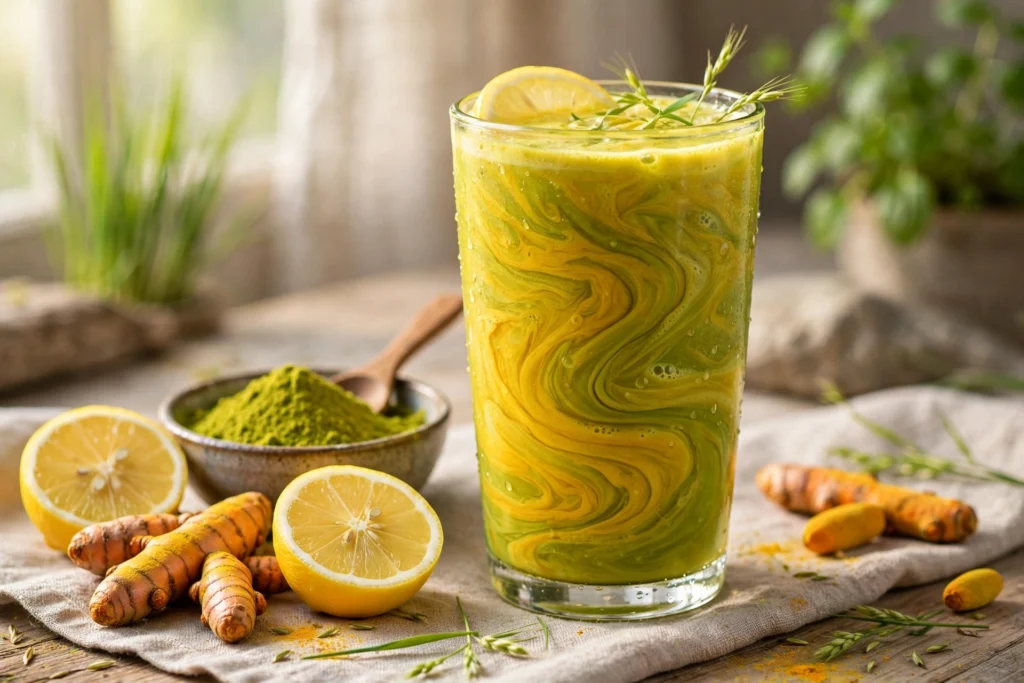 Kurkuma und Gerstengras trinken Rezept – gold-grünes Power-Getränk mit Kurkuma, Gerstengras und Zitrone