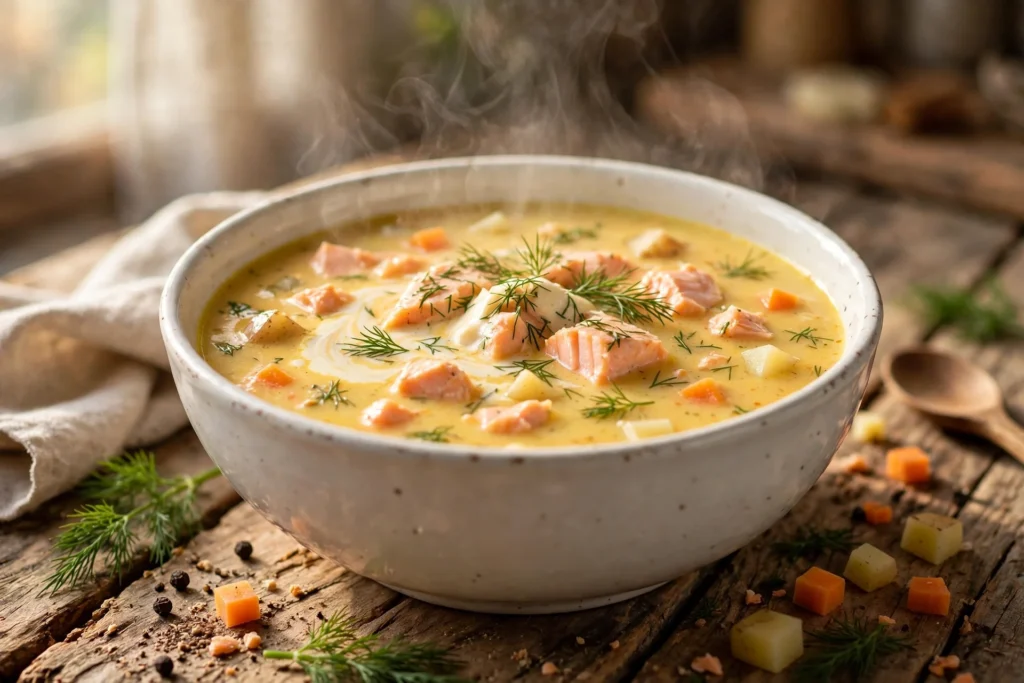 Lachs Suppe Rezept – cremige Lachssuppe mit Lachsstücken, Kartoffeln und Dill in weißer Schale