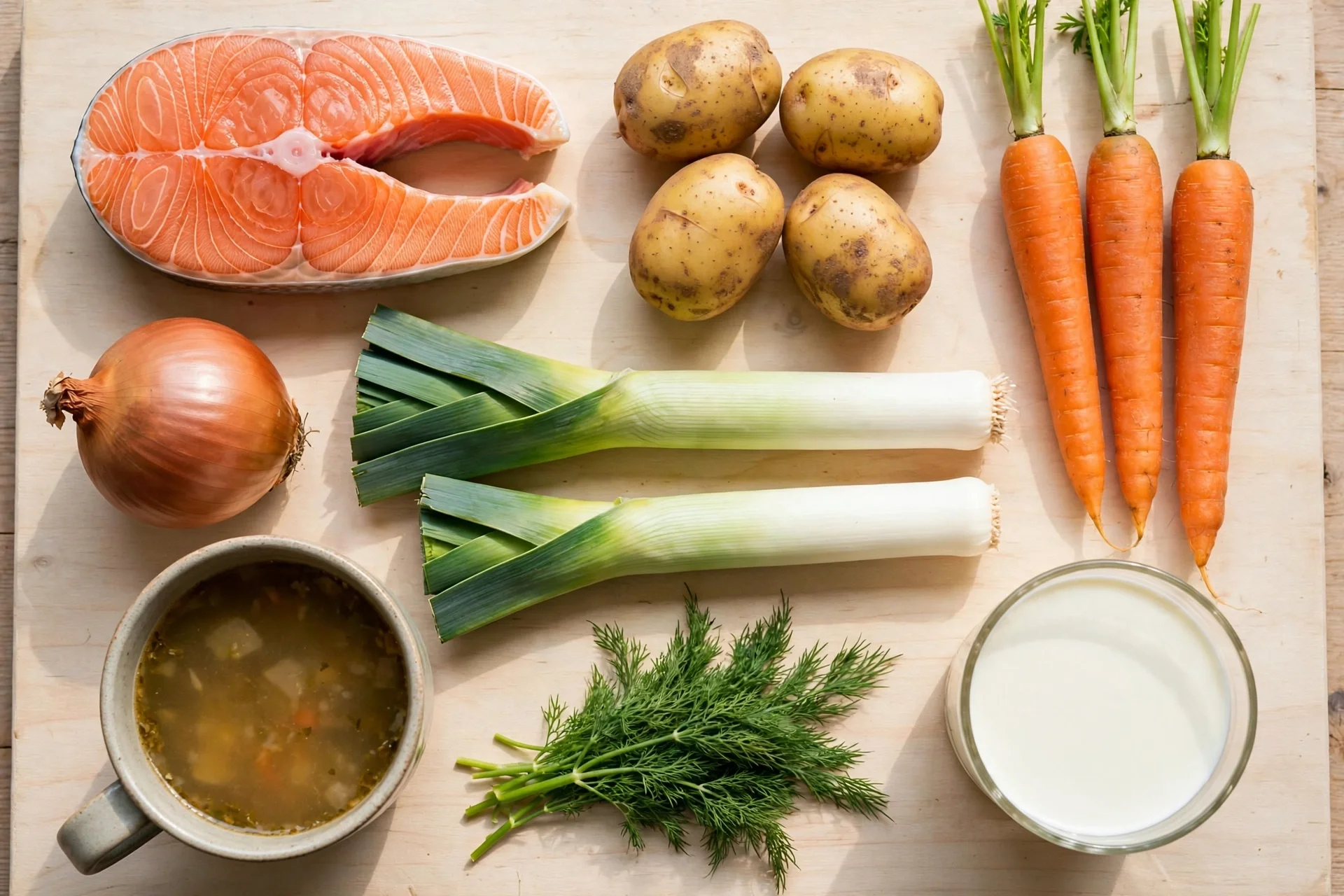 Lachs Suppe Rezept – Zutaten im Überblick: Lachsfilet, Kartoffeln, Karotten, Lauch, Sahne und Dill auf einem Holzbrett