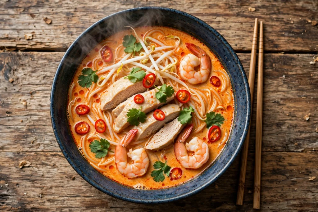 Laksa Suppe Rezept – cremige Kokos-Nudelsuppe mit Hähnchen, Garnelen und Koriander in einer Schüssel