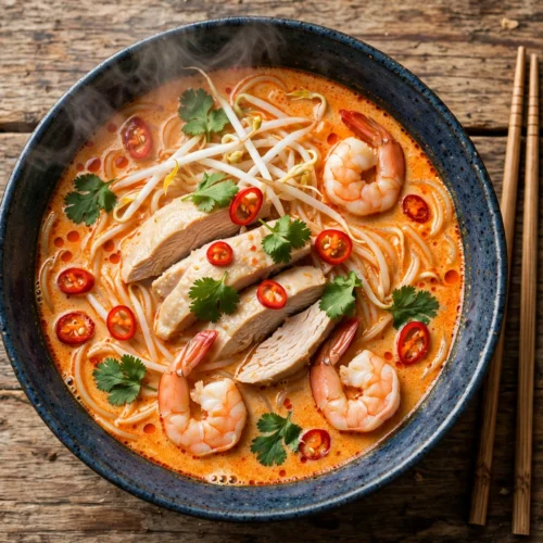Laksa Suppe Rezept – cremige Kokos-Nudelsuppe mit Hähnchen, Garnelen und Koriander in einer Schüssel