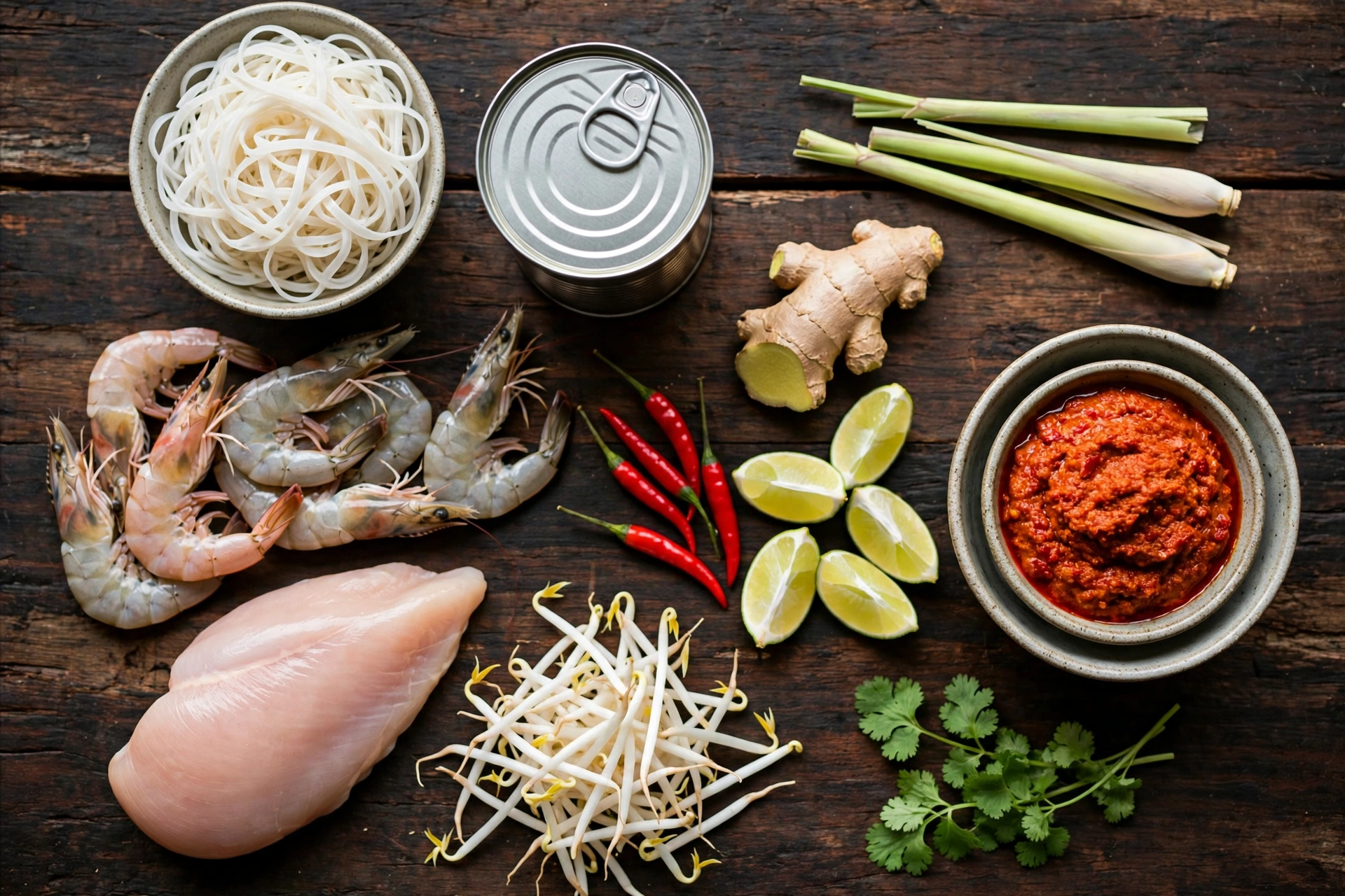 Laksa Suppe Rezept – Zutaten im Überblick: Reisnudeln, Kokosmilch, Garnelen, Hähnchen, Limette und Laksa-Paste