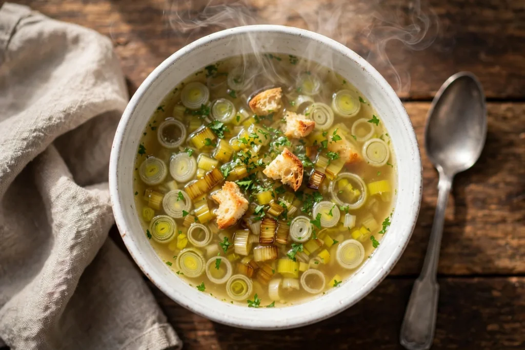 Lauch Suppe Rezept – klassische Lauchsuppe mit Lauchringen, Petersilie und Croûtons in einer rustikalen Schüssel