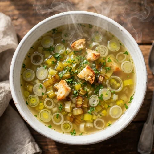 Lauch Suppe Rezept – klassische Lauchsuppe mit Lauchringen, Petersilie und Croûtons in einer rustikalen Schüssel