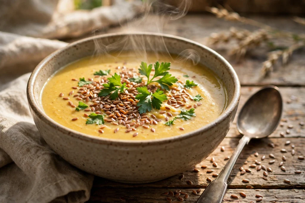 Leinsamen Suppe Rezept – Cremige Suppe mit Leinsamen und Petersilie in einer Schüssel