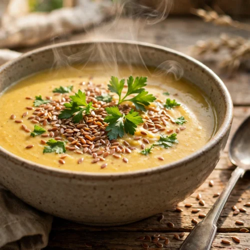 Leinsamen Suppe Rezept – Cremige Suppe mit Leinsamen und Petersilie in einer Schüssel