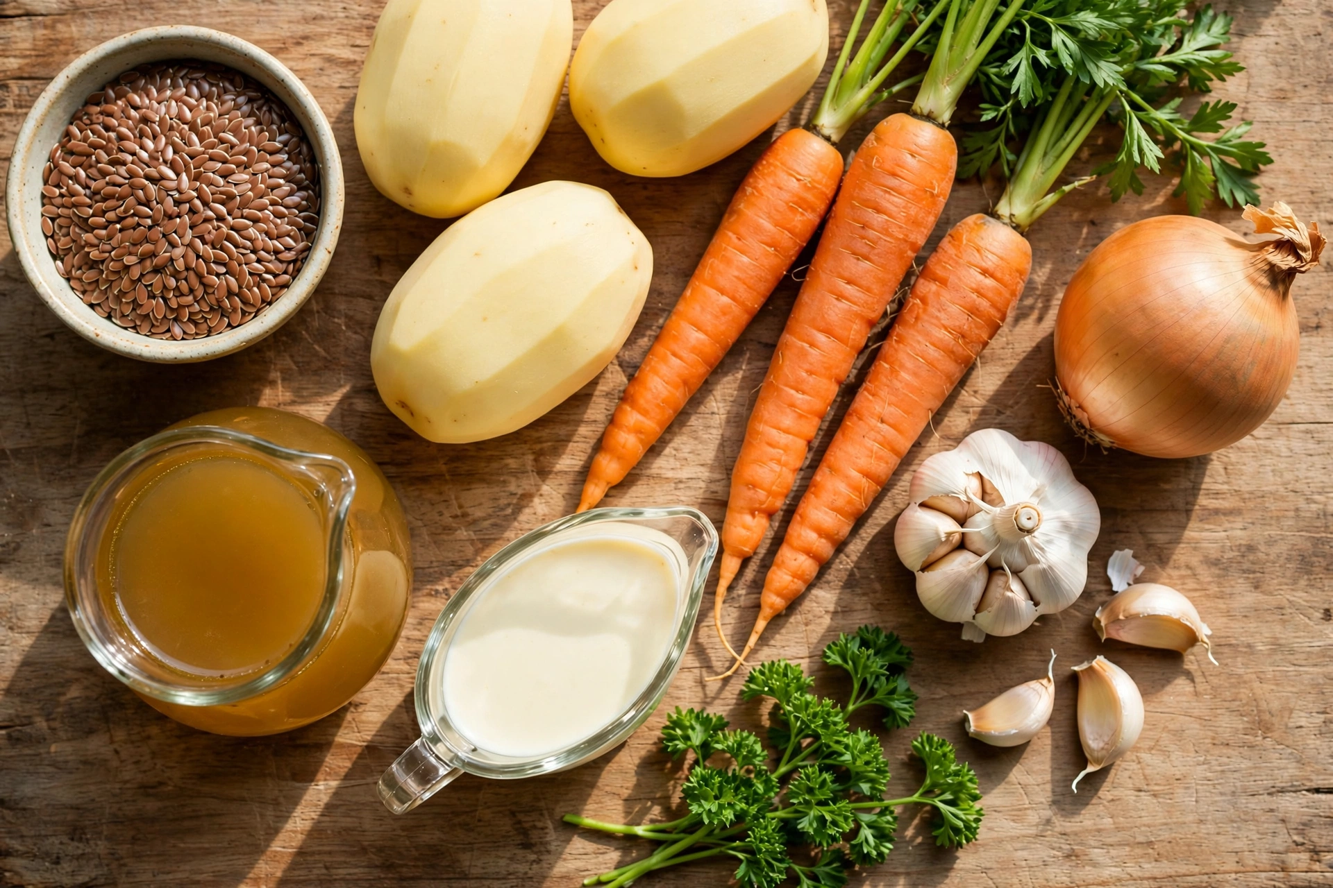Leinsamen Suppe Rezept – Zutaten im Überblick: Leinsamen, Kartoffeln, Karotten, Zwiebel, Knoblauch, Gemüsebrühe, Sahne und Petersilie