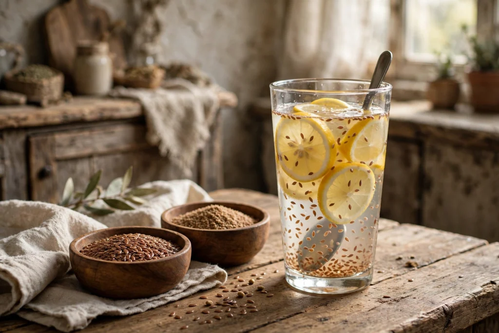 Leinsamen trinken Rezept – Glas Leinsamen-Wasser mit Zitrone und Leinsamen