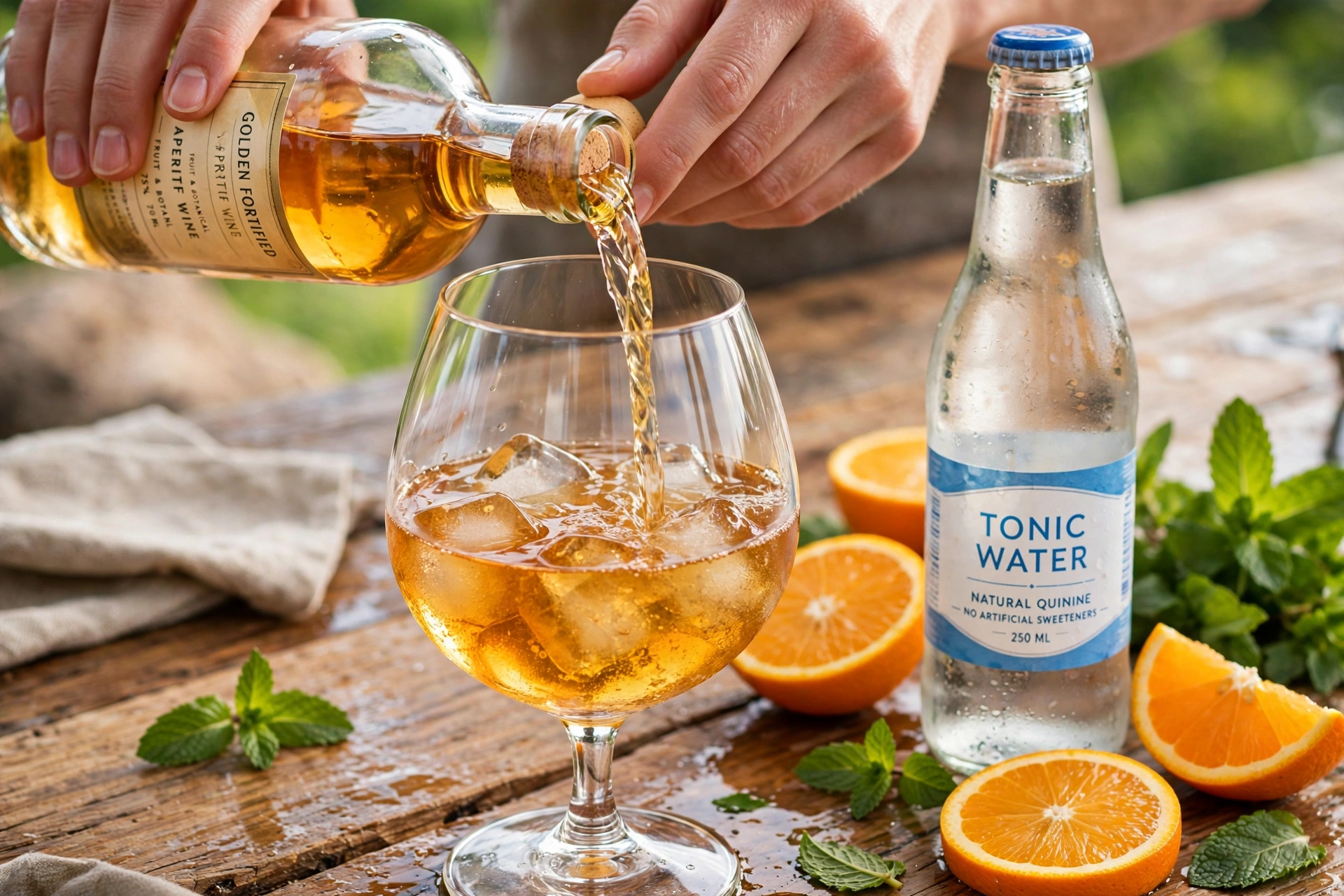 Lillet trinken Rezept – Lillet Blanc wird über Eiswürfel ins Weinglas gegossen