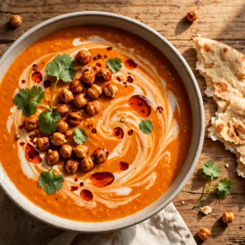Linsen Kokos Suppe Rezept – Cremige Suppe aus roten Linsen und Kokosmilch mit Koriander und gerösteten Kichererbsen