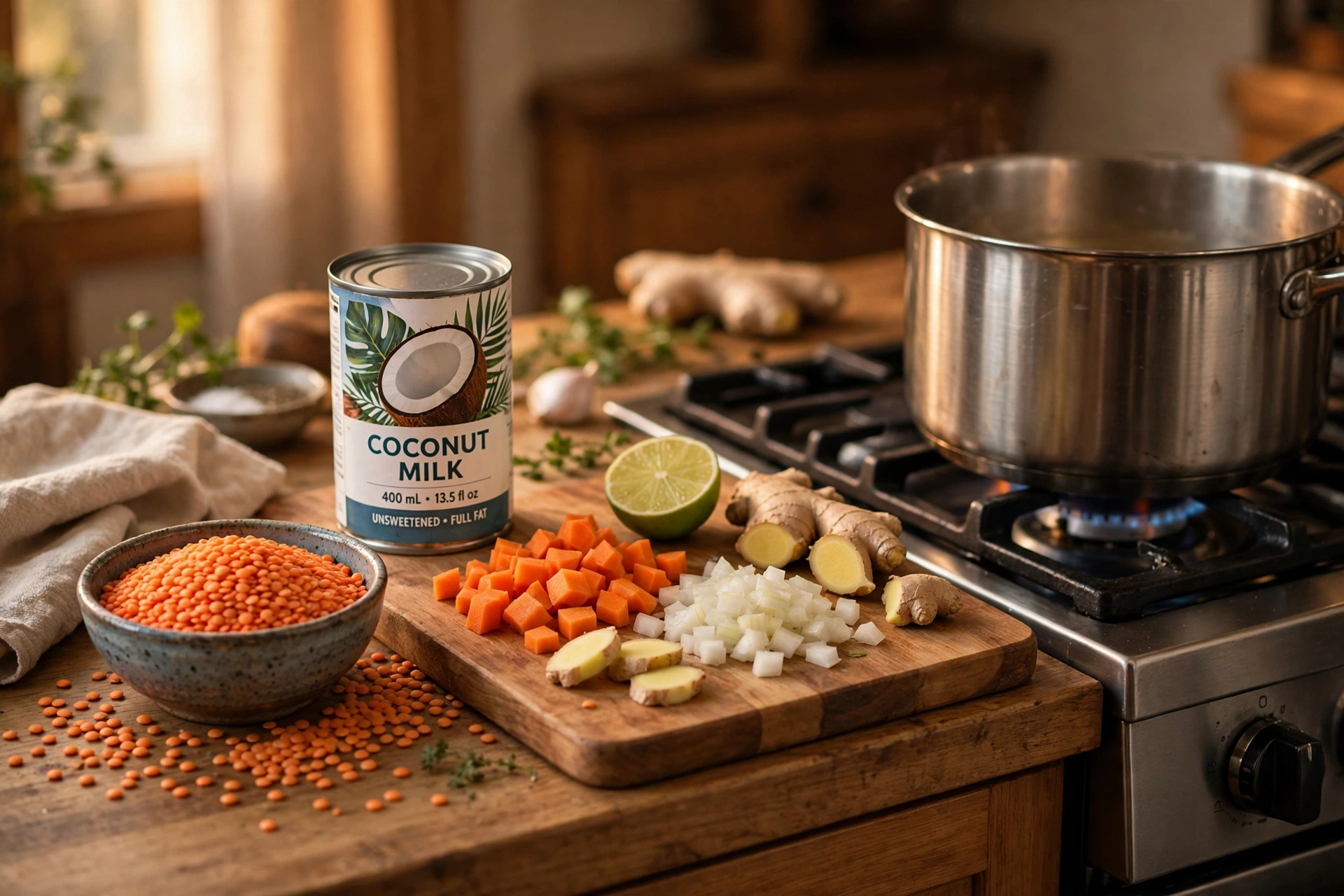 Linsen Kokos Suppe Rezept – Rote Linsen, Kokosmilch, Karotten, Ingwer und Limette bereit für die Zubereitung