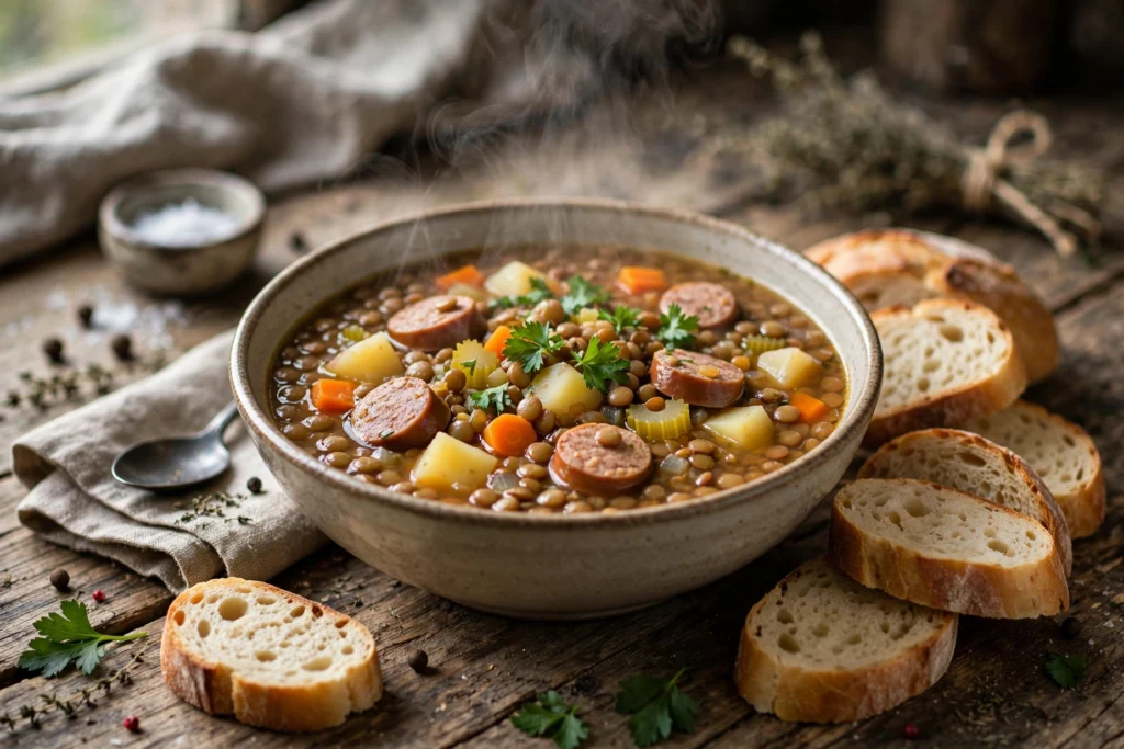 Linsen Suppe Rezept – dampfende Linsensuppe mit braunen Linsen, Kartoffeln, Karotten und Rauchwurstscheiben