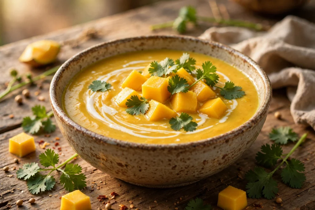 Mango Curry Suppe Rezept – Cremige Suppe mit Mango, Kokosmilch und Koriander