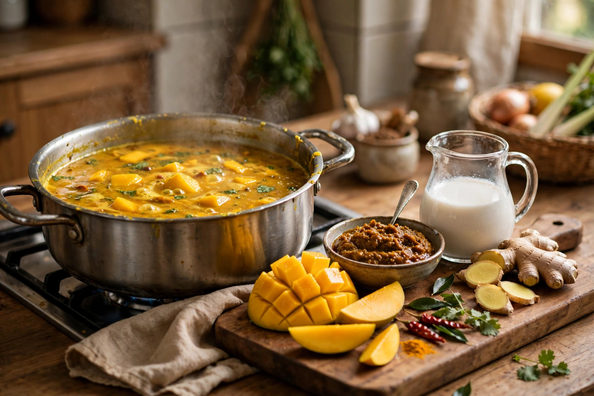 Mango Curry Suppe Rezept – Mango und Kokosmilch werden im Topf zur Suppe gekocht