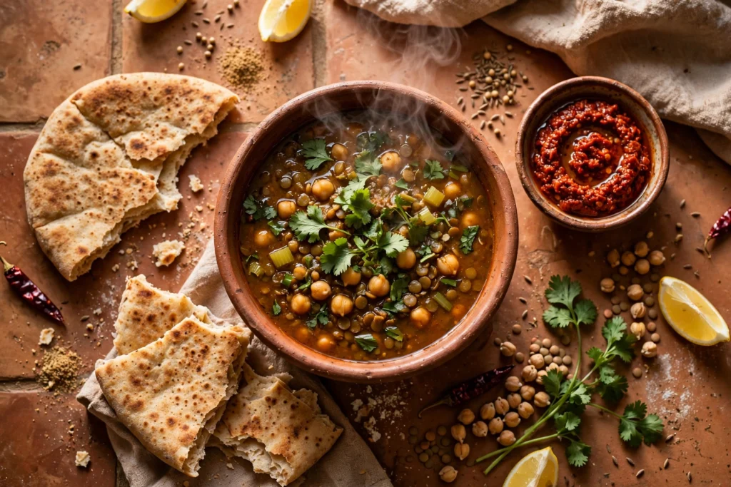 Marokkanische Suppe Rezept – Schüssel Harira mit Kichererbsen, Kräutern und Fladenbrot