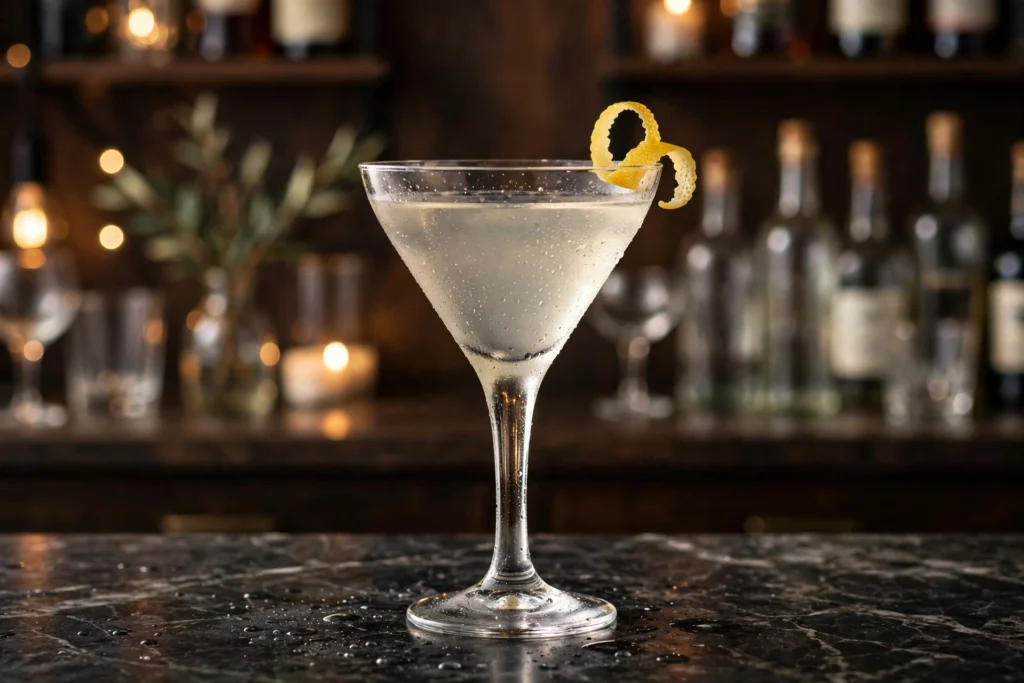 Martini trinken Rezept – Dry Martini im gekühlten Glas mit Zitronenzeste