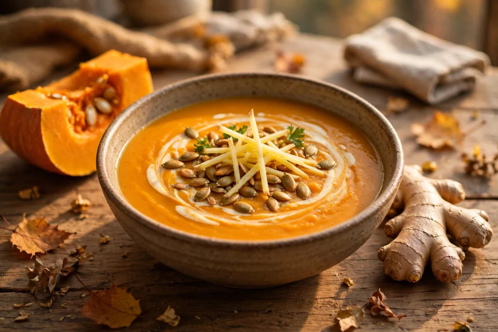 Kürbis Ingwer Suppe Rezept – cremige Kürbissuppe mit Sahne, Kürbiskernen und Ingwerstreifen