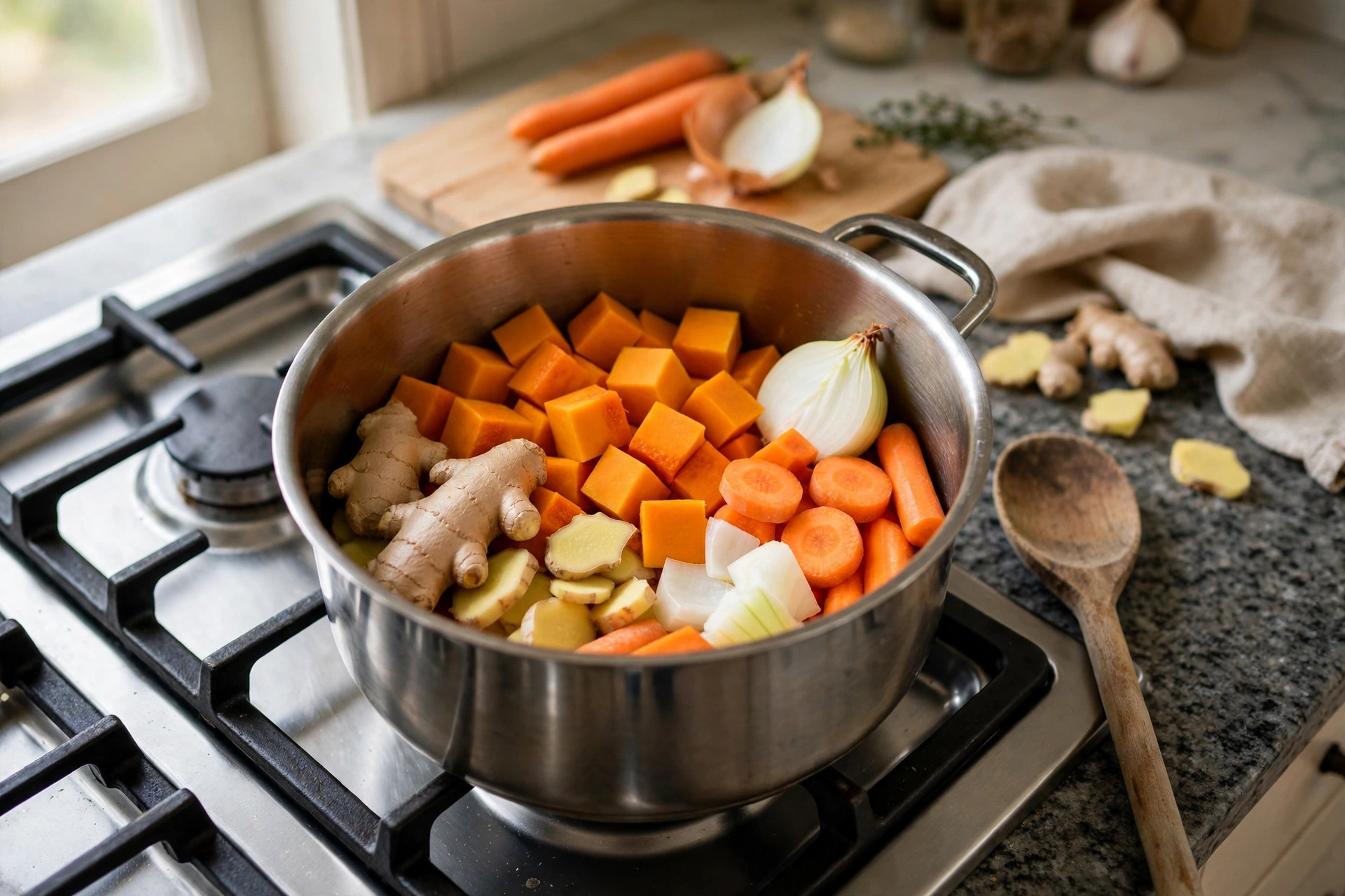 Kürbis Ingwer Suppe Rezept – Kürbiswürfel, frischer Ingwer und Gemüse im Kochtopf
