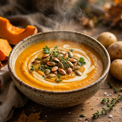 Kürbis Kartoffel Suppe Rezept – cremige Suppe mit Sahnehaube und Kürbiskernen in einer Schüssel