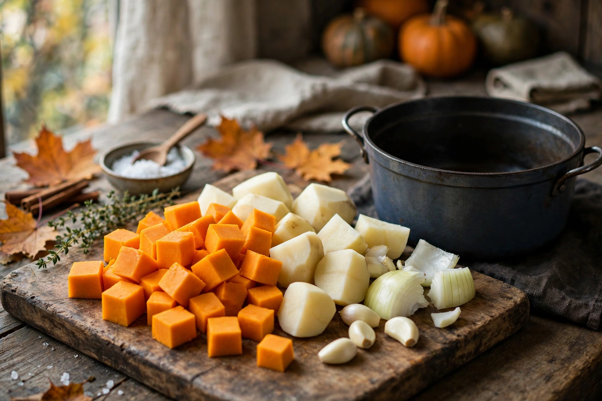 Kürbis Kartoffel Suppe Rezept – gewürfelter Kürbis und Kartoffeln mit Zwiebel und Knoblauch auf einem Schneidebrett