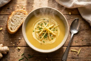 Ingwer Suppe Rezept – dampfende cremige Ingwersuppe mit Sahnehaube, Ingwerstreifen und Schnittlauch in heller Schüssel