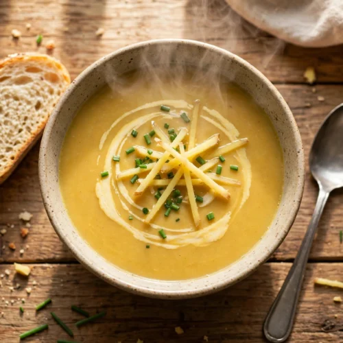 Ingwer Suppe Rezept – dampfende cremige Ingwersuppe mit Sahnehaube, Ingwerstreifen und Schnittlauch in heller Schüssel