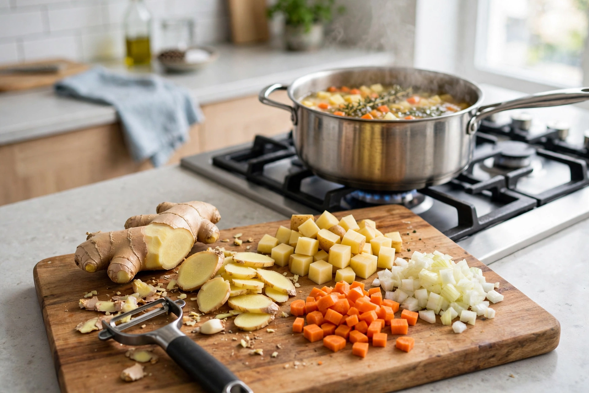 Ingwer Suppe Rezept – Zubereitung: frischer Ingwer, Kartoffeln und Karotten auf dem Schneidebrett neben dem Kochtopf