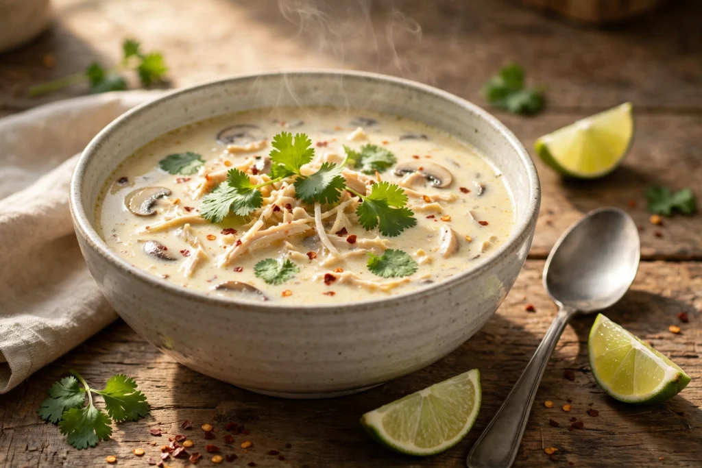 Kokosmilch Suppe Rezept – cremige Suppe mit Koriander, Limette und Chili in einer Schale