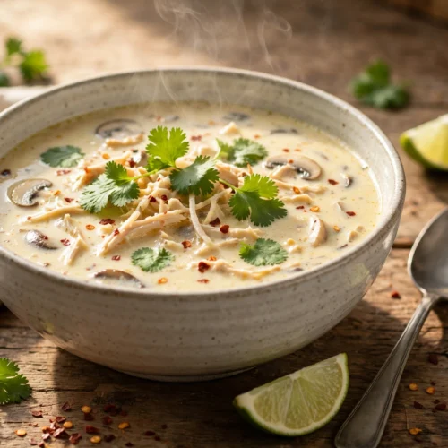 Kokosmilch Suppe Rezept – cremige Suppe mit Koriander, Limette und Chili in einer Schale