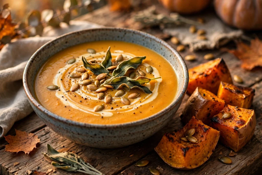 Rezept Kürbis Süßkartoffel Suppe – cremige Kürbis-Süßkartoffel-Suppe mit Salbeibutter und Kürbiskernen