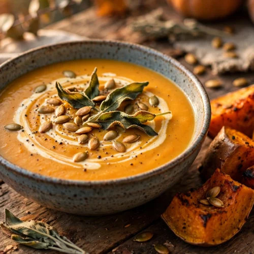 Rezept Kürbis Süßkartoffel Suppe – cremige Kürbis-Süßkartoffel-Suppe mit Salbeibutter und Kürbiskernen