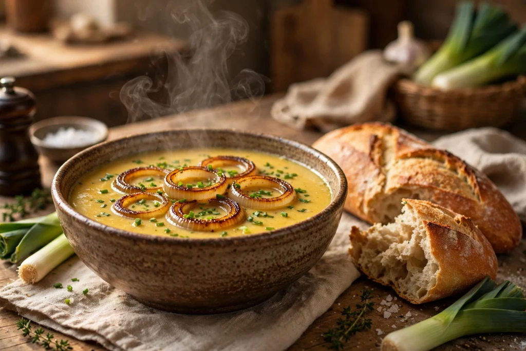 Zwiebel Lauch Suppe Rezept – Cremige Suppe mit karamellisierten Zwiebeln und Lauch in einer Schüssel