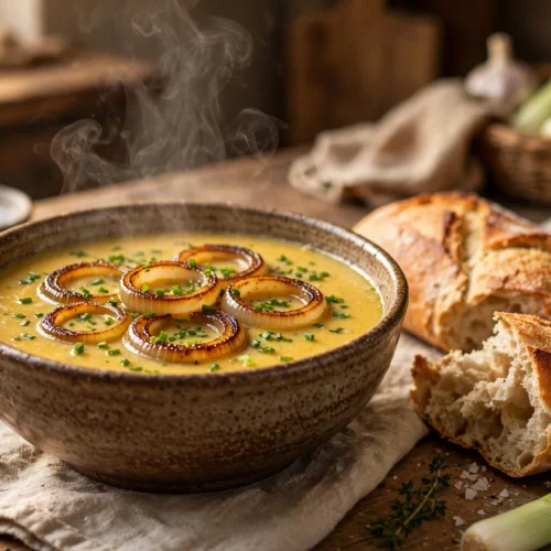Zwiebel Lauch Suppe Rezept – Cremige Suppe mit karamellisierten Zwiebeln und Lauch in einer Schüssel