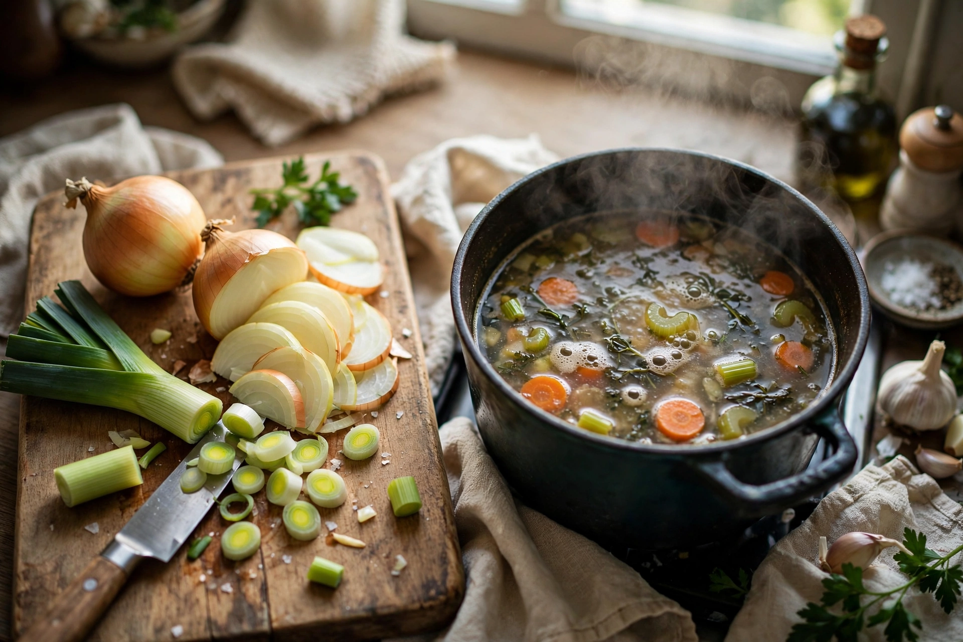 Zwiebel Lauch Suppe Rezept – Frische Zwiebeln und Lauch werden für die Suppe vorbereitet