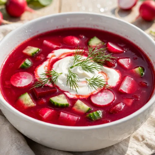 Kalte Rote Beete Suppe Rezept – eiskalt servierte Rote-Beete-Suppe mit Kefir, Gurke, Radieschen, Dill und saurer Sahne