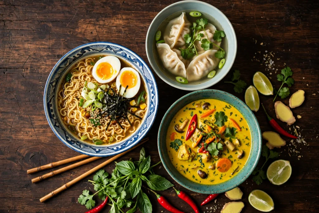 Asiatische Suppe Rezept – Bunte asiatische Suppen mit Nudeln, Gemüse und Kräutern
