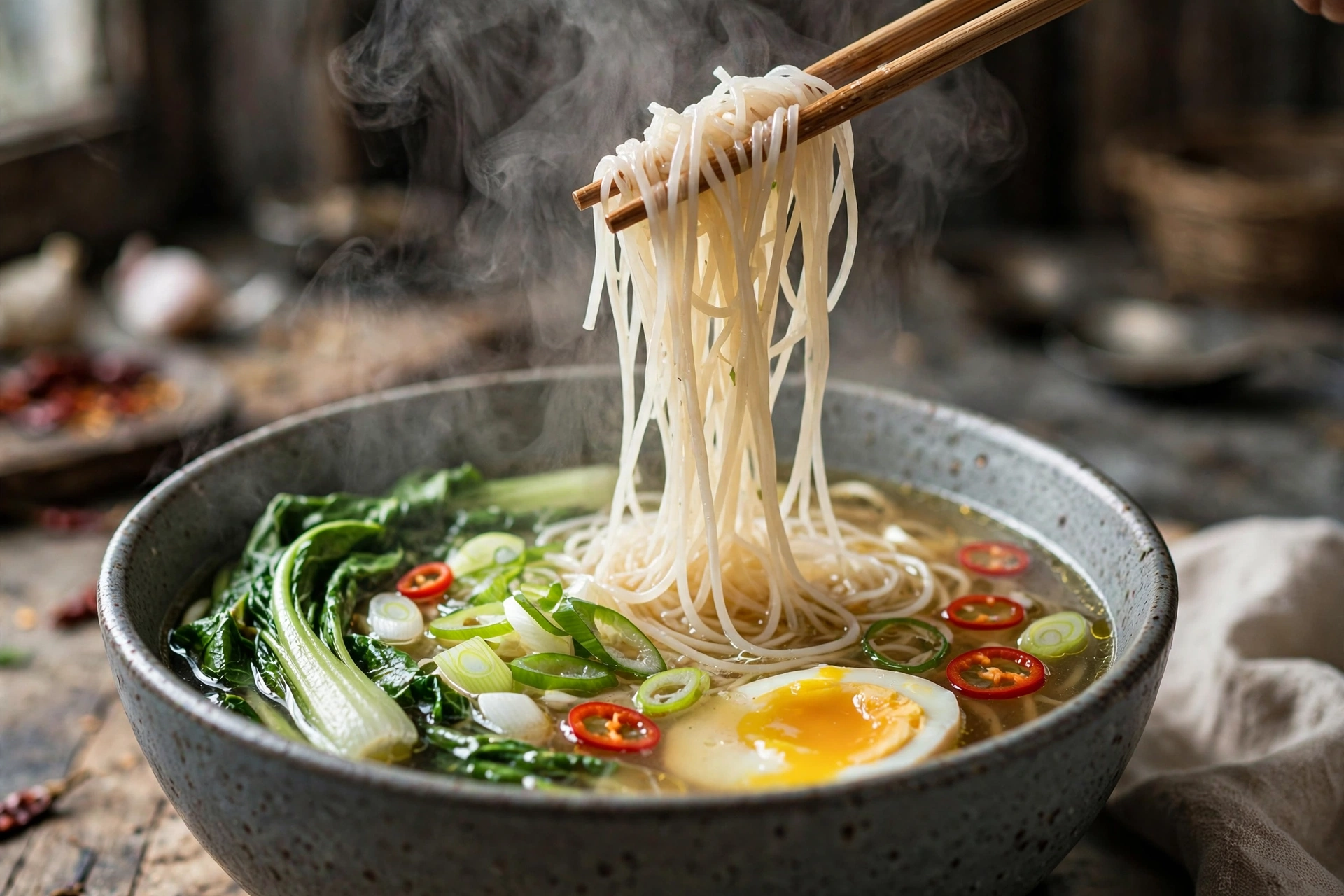 Asiatische Suppe Rezept – Dampende Nudelsuppe mit Stäbchen, Pak Choi und Ei