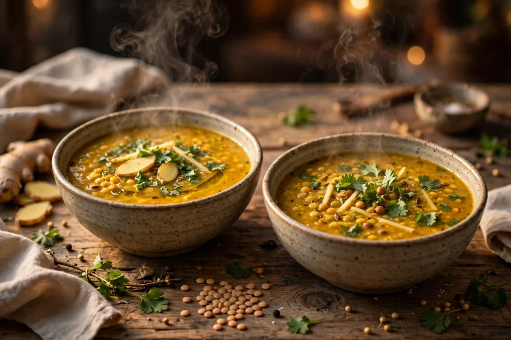 Ayurveda Suppe Abends Rezept – warme goldene Suppe mit Linsen und Ingwer in einer Schüssel