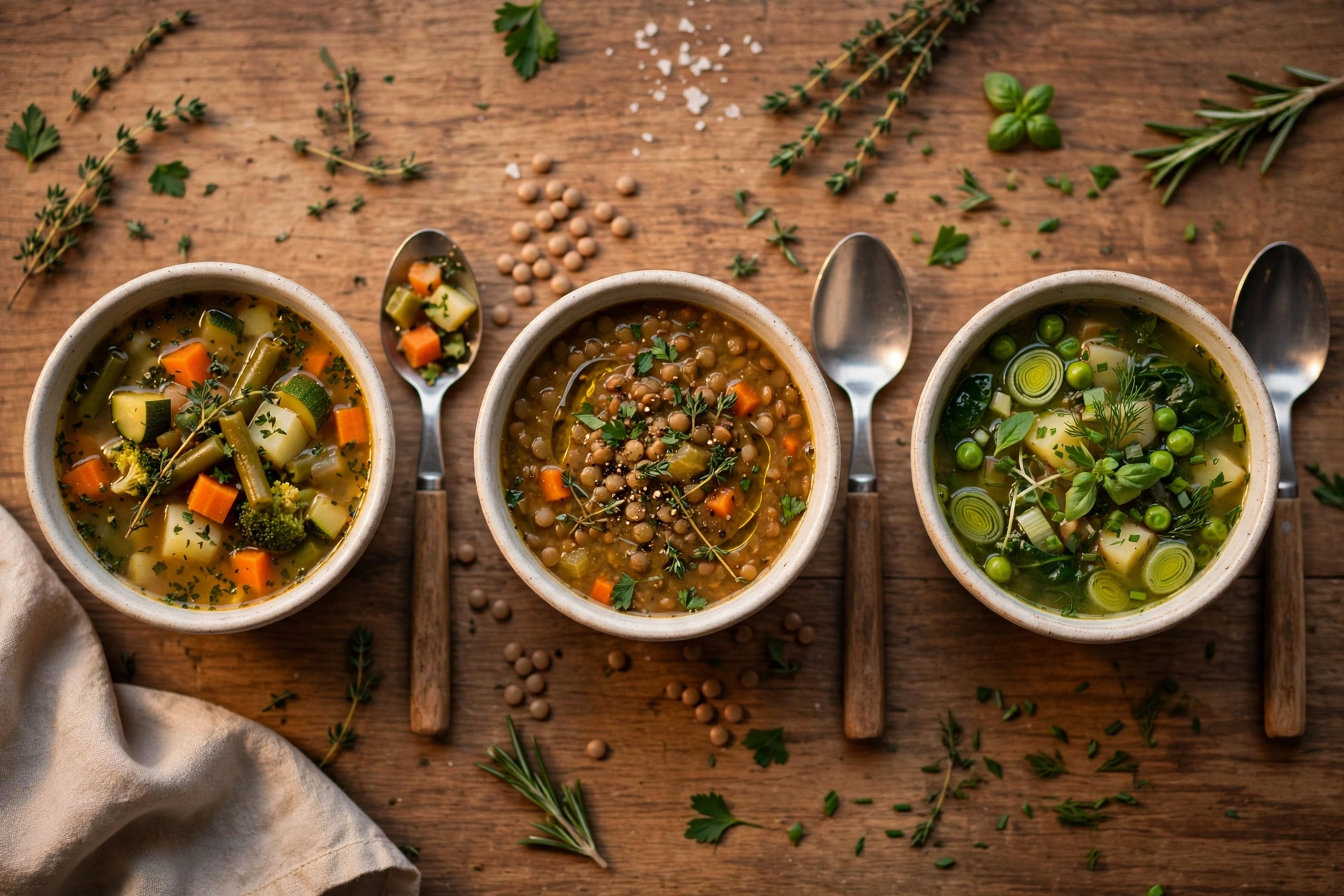 Ayurveda Suppe Abends Rezept – drei warme Abend-Suppen in kleinen Schüsseln