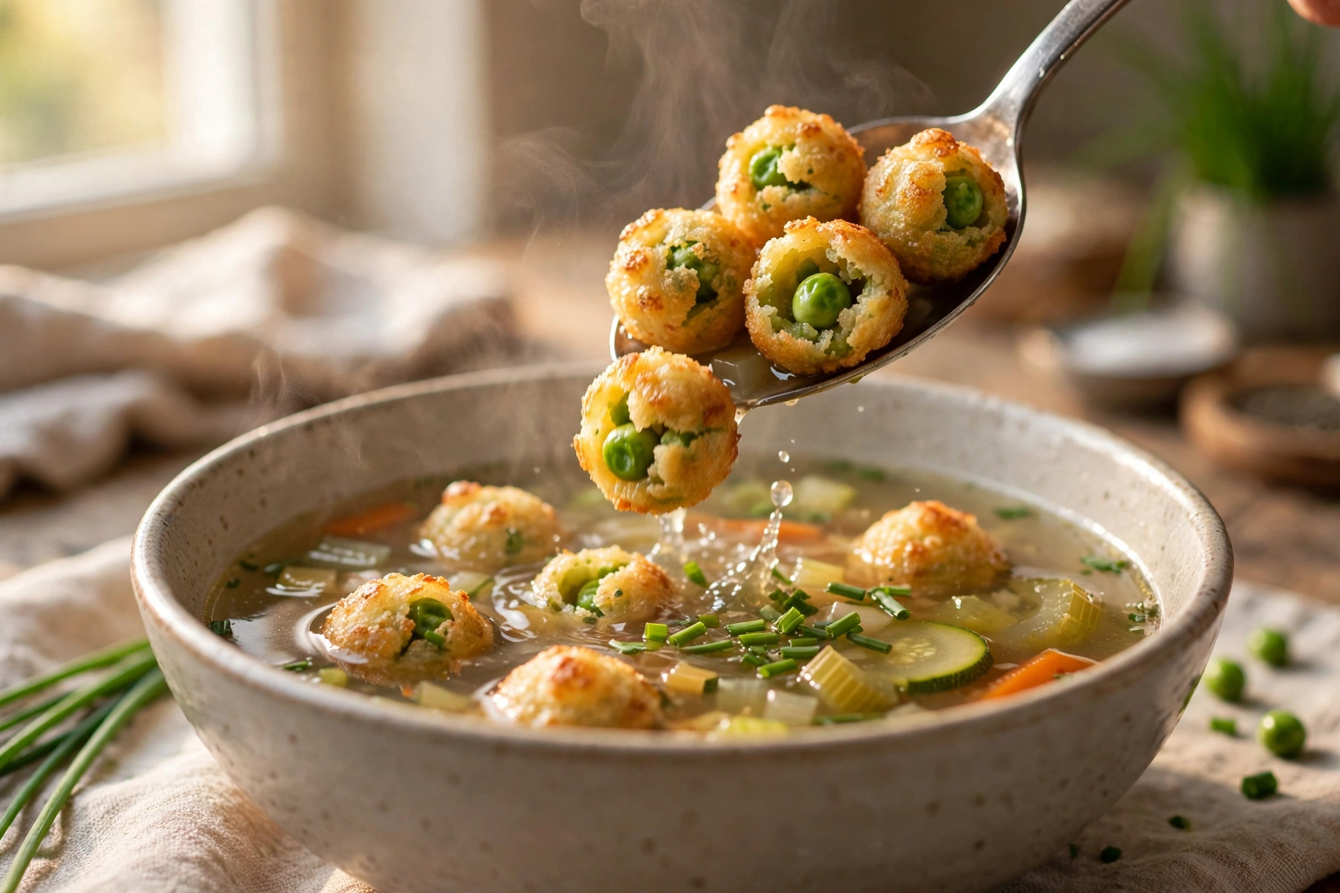 Backerbsen Suppe Rezept – Knusprige Backerbsen werden in die klare Suppe gegeben