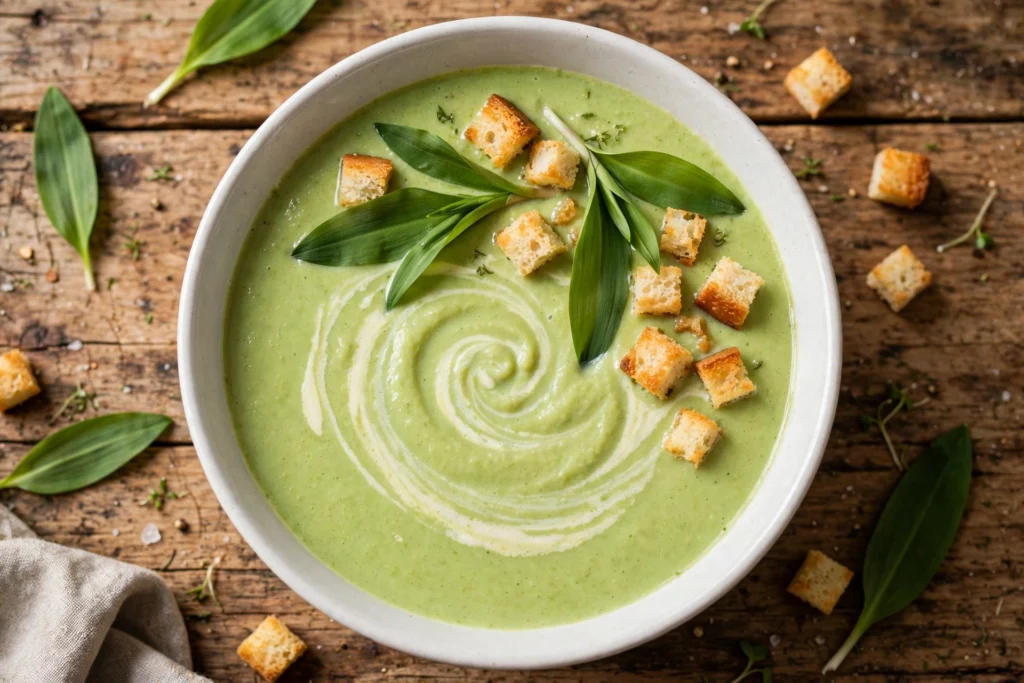 Bärlauch Suppe Rezept – cremige Suppe in weißer Schale mit Sahneswirl, Croûtons und frischen Bärlauchblättern