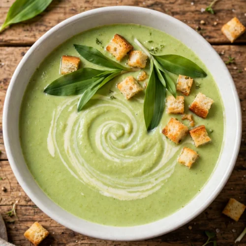 Bärlauch Suppe Rezept – cremige Suppe in weißer Schale mit Sahneswirl, Croûtons und frischen Bärlauchblättern