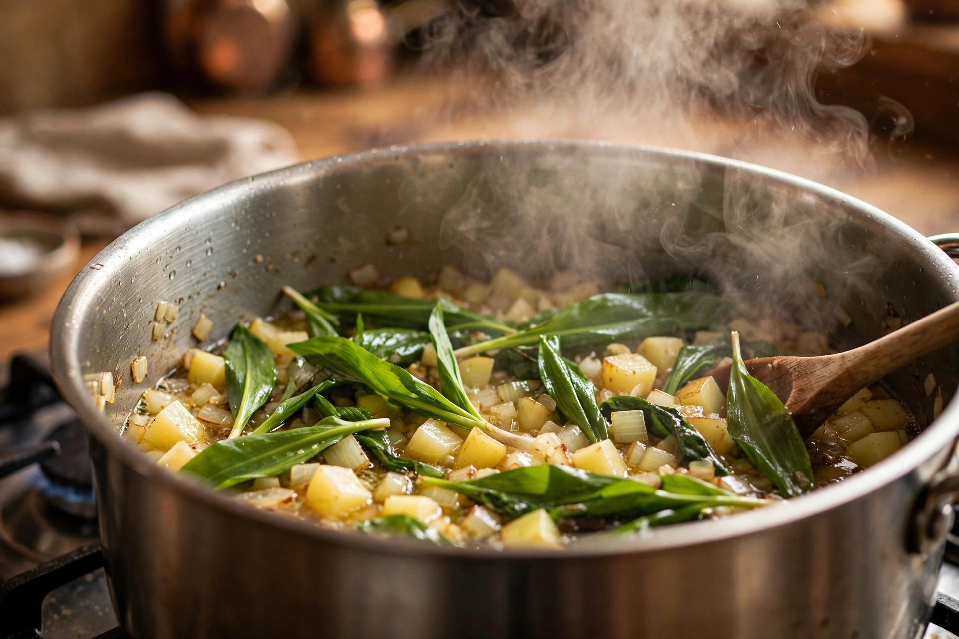 Bärlauch Suppe Rezept – frischer Bärlauch wird mit Zwiebelwürfeln und Kartoffeln im dampfenden Topf angedünstet
