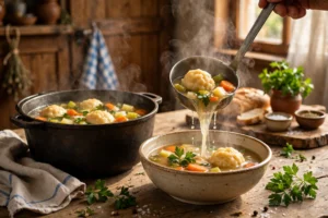 Bayerische Suppe Rezept – Deftige Knödelsuppe wird aus einem rustikalen Topf in eine Schüssel geschöpft