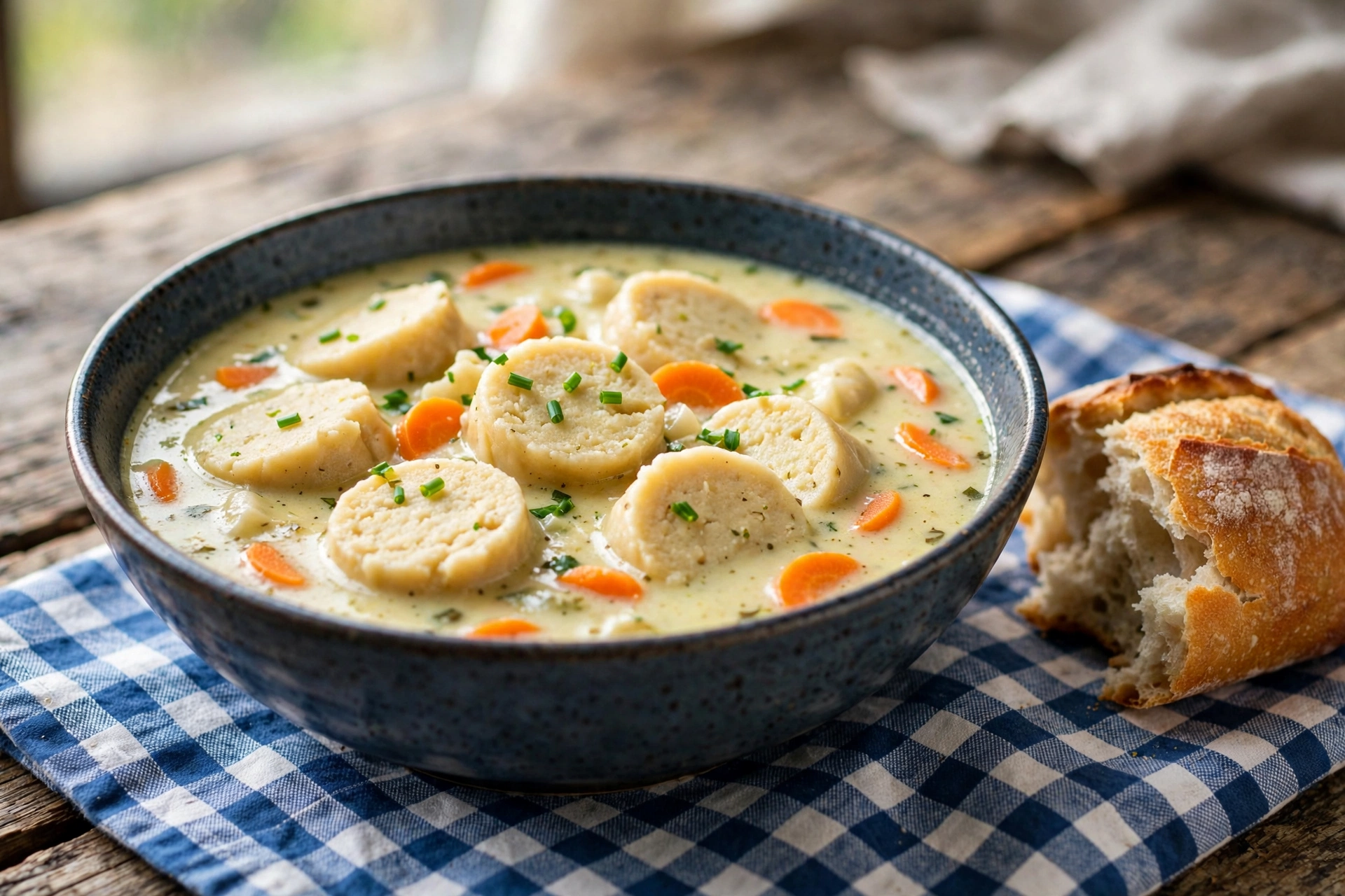 Bayerische Suppe Rezept – Cremige Knödelsuppe mit Schnittlauch und Brot auf einem Holztisch