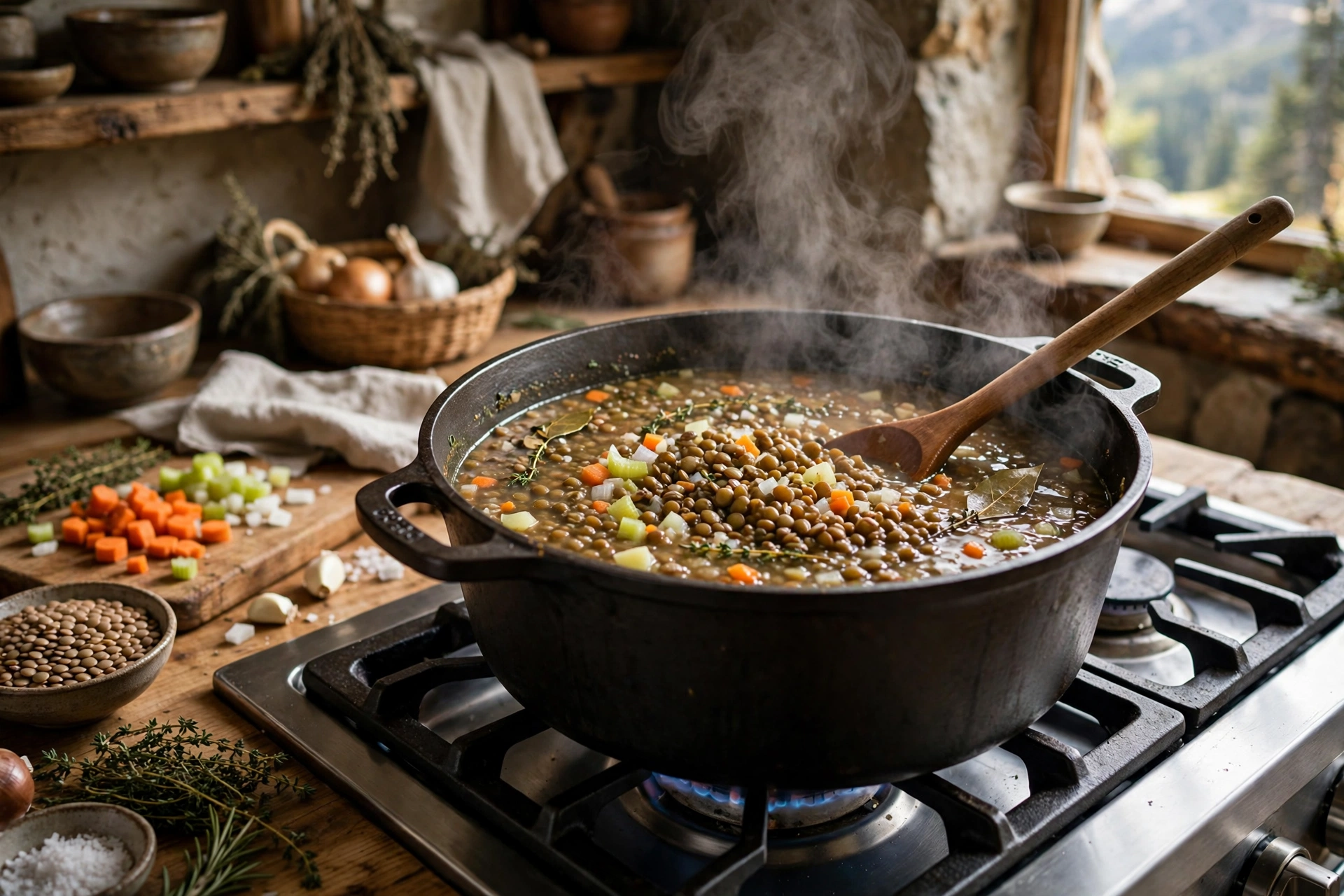 Berglinsen Suppe Rezept – Berglinsen und Gemüse köcheln im Topf